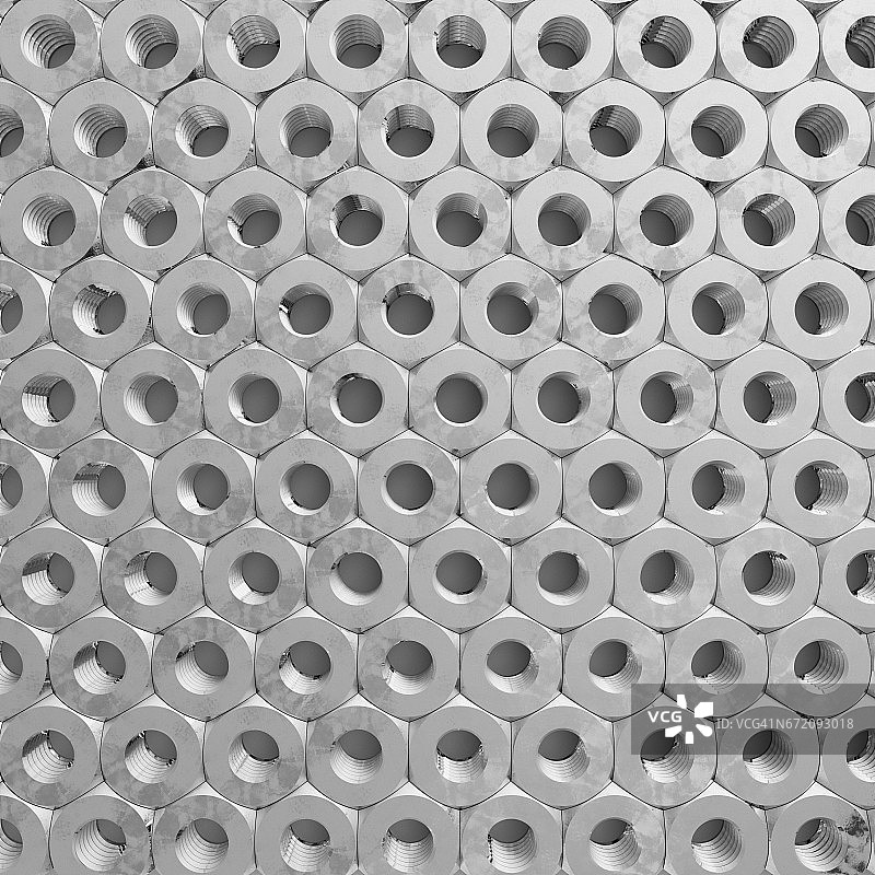 镀锌钢五金螺母紧密排列航拍图片素材