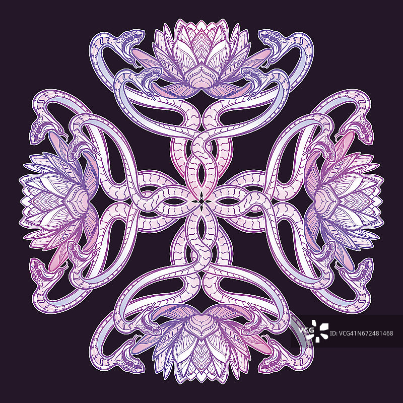 黑色背景中莲花与蛇的复杂十字图案图片素材