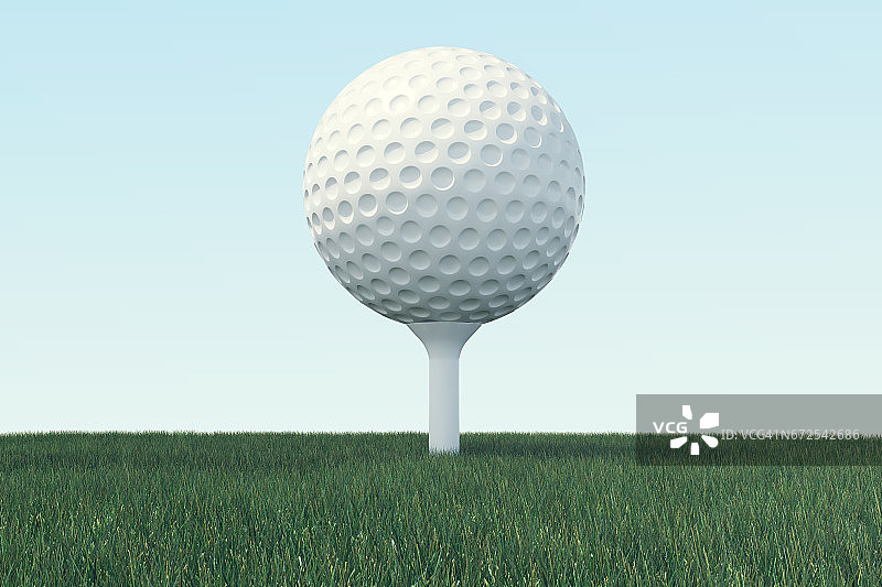3D高尔夫球插画，草地上放置在球座上的高尔夫球特写，背景为天空图片素材