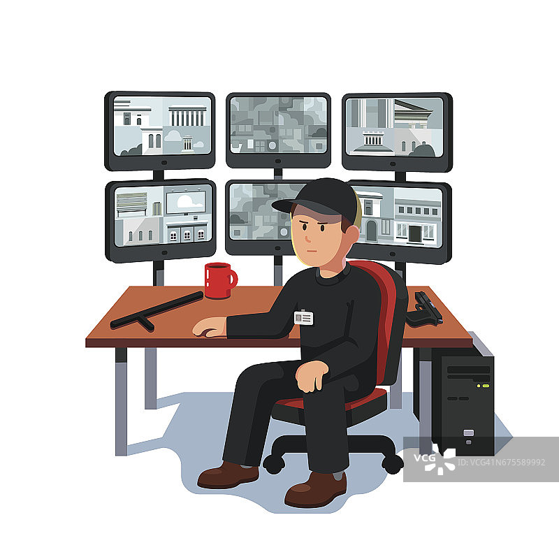 保安坐在监控室里观看视频图片素材