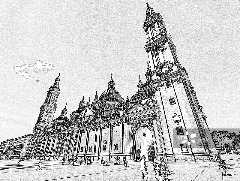 黑白插画：游客漫步在萨拉戈萨皮拉尔圣母大教堂的主广场图片素材