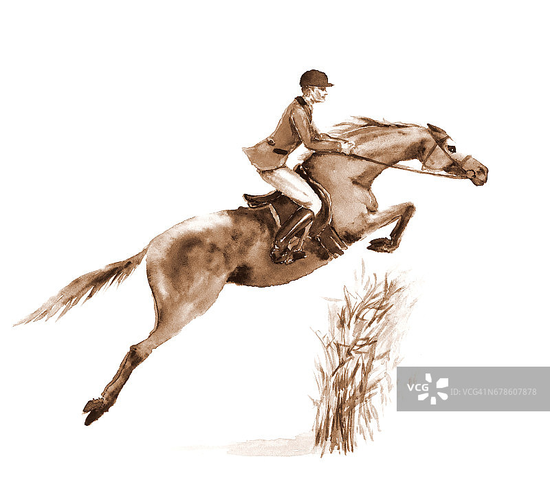 水彩骑手和马在森林里跳跃障碍图片素材