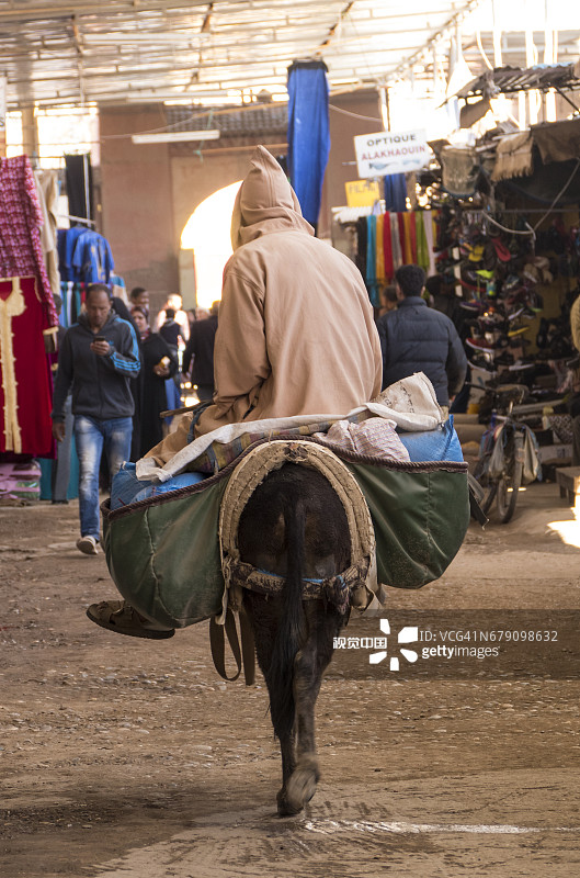 摩洛哥里萨尼麦地那骑驴的柏柏尔男人图片素材
