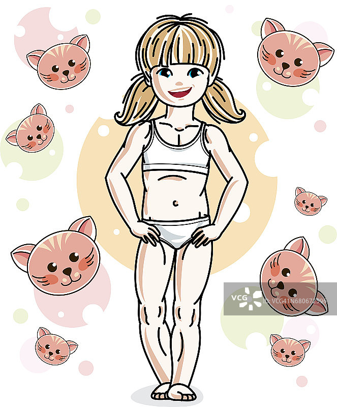 穿着内衣的金发小女孩站在有猫的背景前。有吸引力的儿童矢量插画。睡眠时间主题图片素材