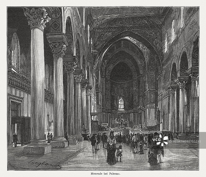 意大利西西里岛巴勒莫附近蒙雷阿莱大教堂木刻版画，出版于1884年图片素材