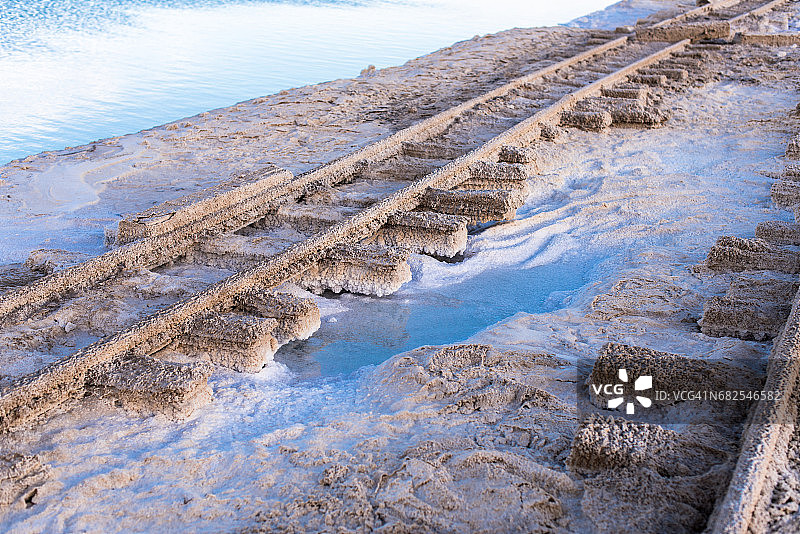 中国青海省茶卡盐湖的货运列车轨道图片素材