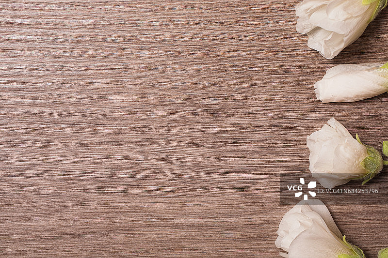 木质背景上的白色花朵，扁平风格设计图片素材