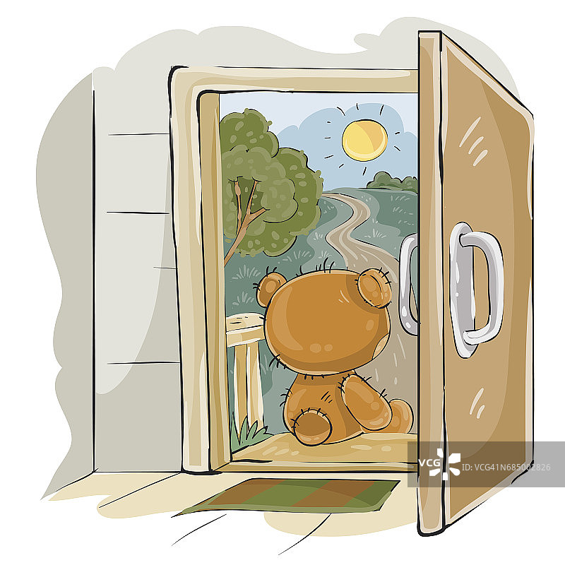 棕色泰迪熊坐在门廊上，望着路边等待某人的矢量图图片素材