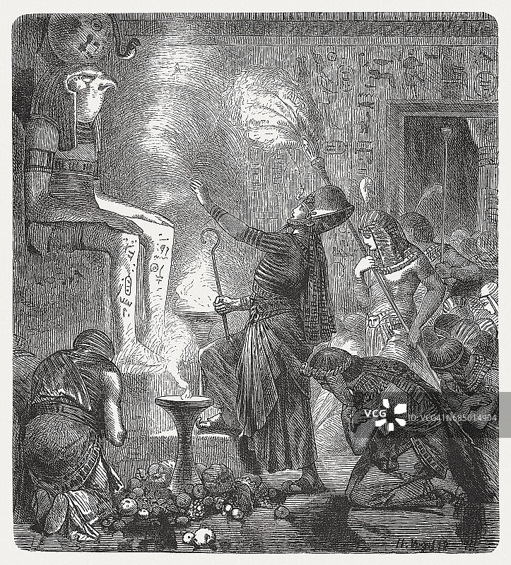 神庙里的年轻法老（1880年木刻版画）图片素材