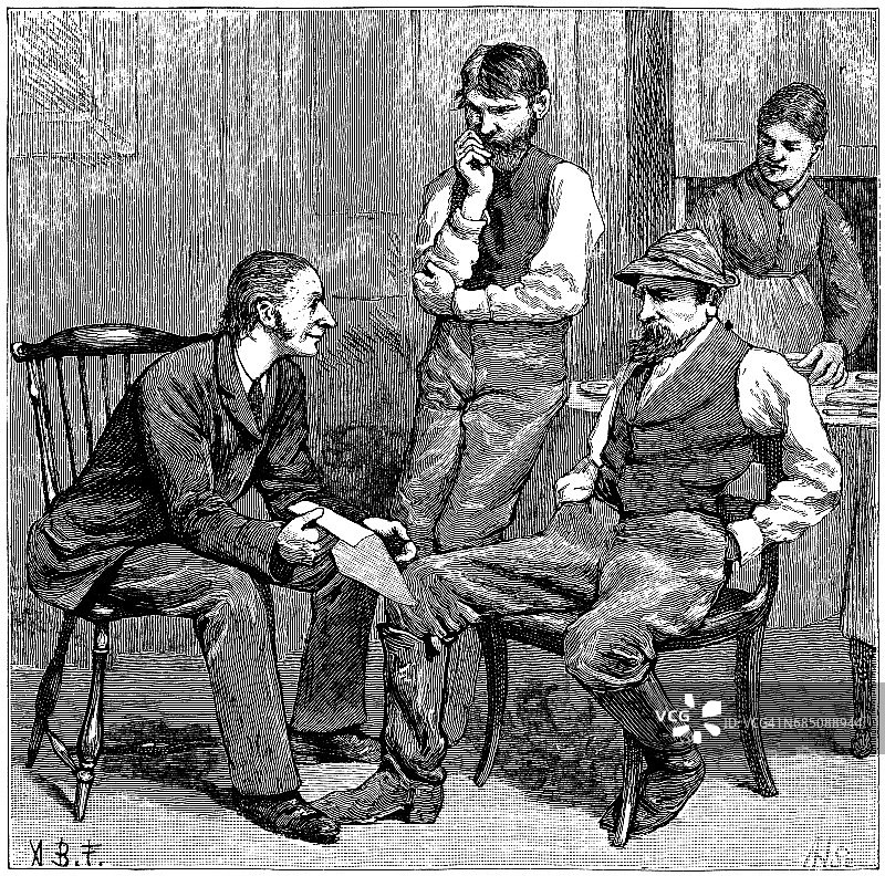 三位19世纪美国男人正在讨论图片素材