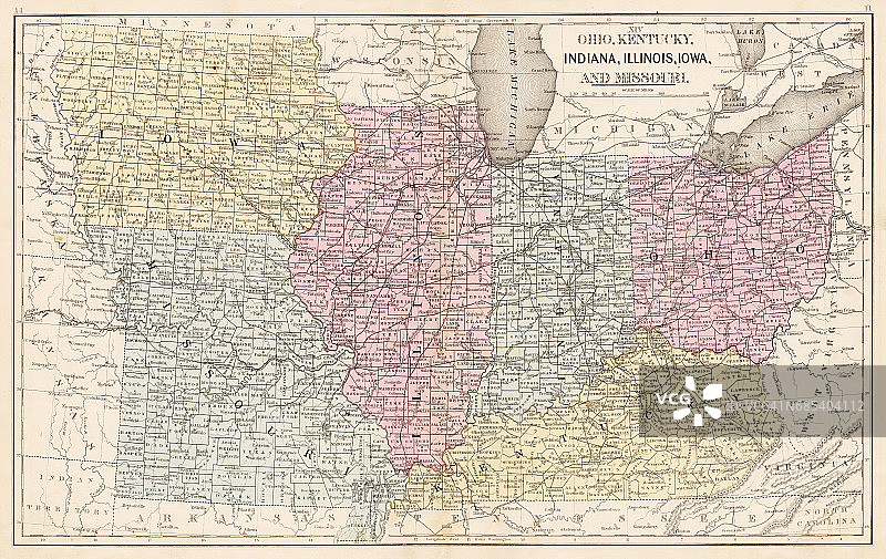 1867年俄亥俄州印第安纳州伊利诺伊州地图图片素材