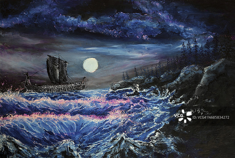 维京长船印象派油画图片素材