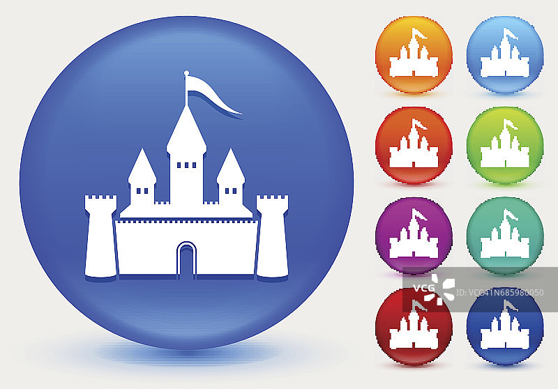 彩色光亮圆形按钮上的城堡图标图片素材
