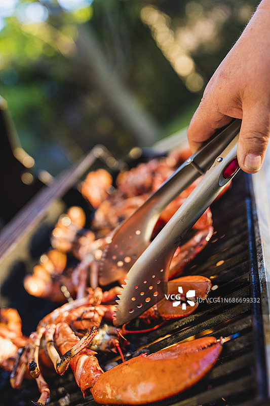男人用金属钳在烧烤架上烤加拿大龙虾景观图片素材