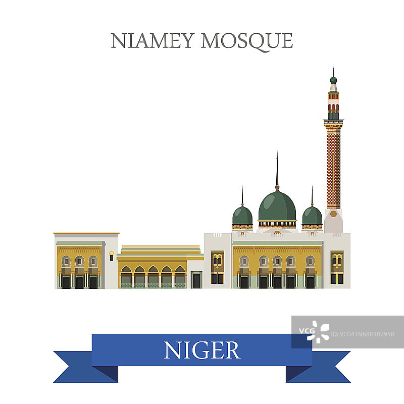 尼日尔尼亚美清真寺：扁平卡通风格历史景点展示网站矢量插图，世界国家城市度假旅游观光非洲系列图片素材