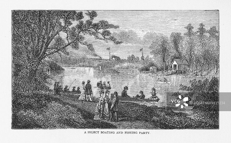 1879年维多利亚风格的时尚划船和钓鱼派对图片素材