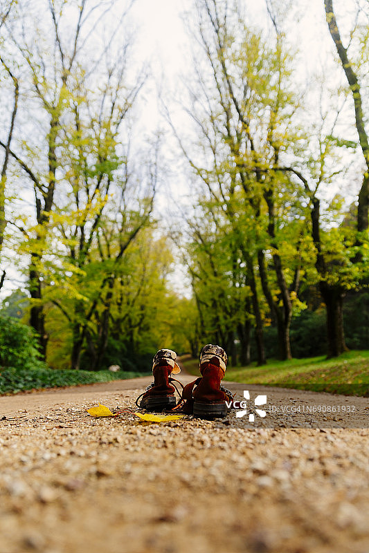带有黄色树叶的旧登山靴，麦克唐山，澳大利亚维多利亚州图片素材