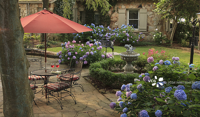 绣球花环绕的庭院，配有桌子和葡萄酒图片素材