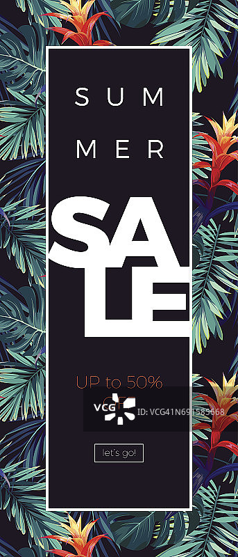 花卉促销设计：凤梨花、龟背竹和国王椰子叶夏威夷风情矢量背景图片素材