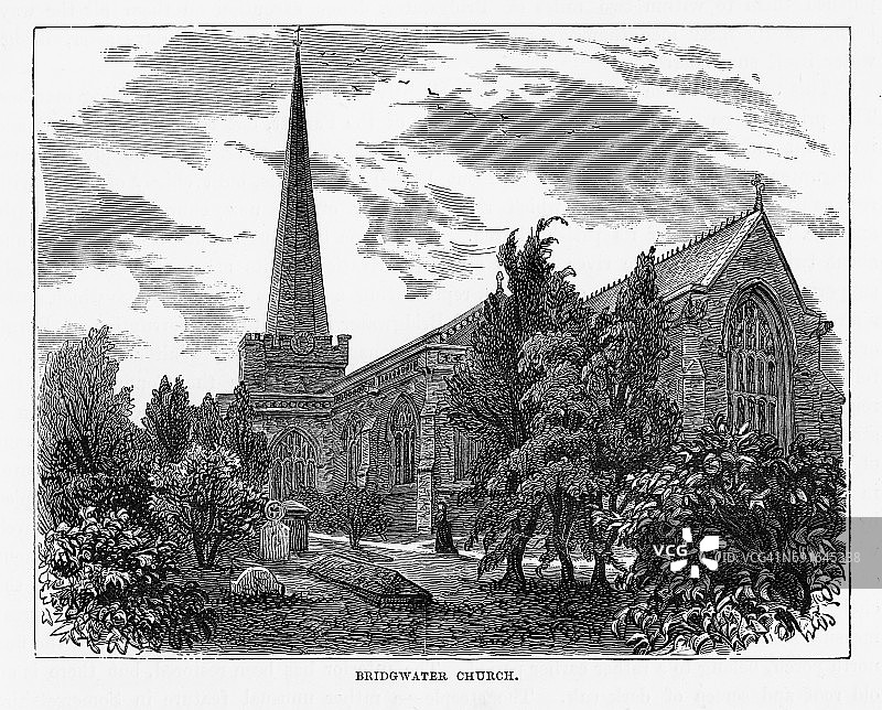 英格兰萨默塞特郡塞奇穆尔布里奇沃特教堂，维多利亚时代雕刻，1840年图片素材