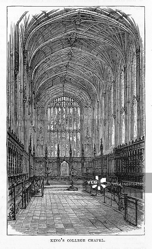 英国剑桥国王学院礼拜堂维多利亚时代版画，1840年图片素材