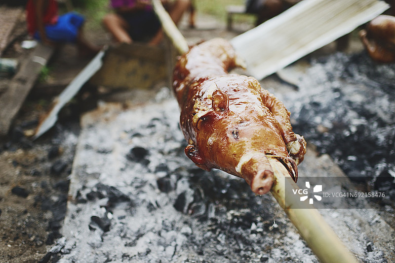 在煤炭坑上烤乳猪图片素材