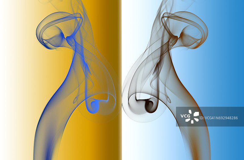 橙色和蓝色背景上的圆形对称灰色烟雾图案图片素材