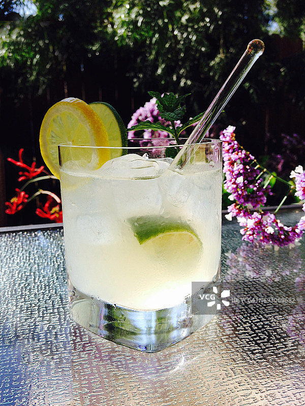 热带花园中的玛格丽塔鸡尾酒（无盐），配柠檬和酸橙片图片素材