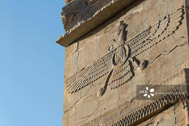 波斯波利斯古城的法拉瓦哈（守护神）浅浮雕，设拉子，法尔斯省，伊朗图片素材