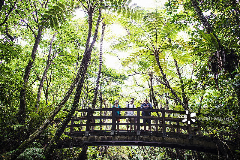 三人在日本冲绳的河边游览图片素材