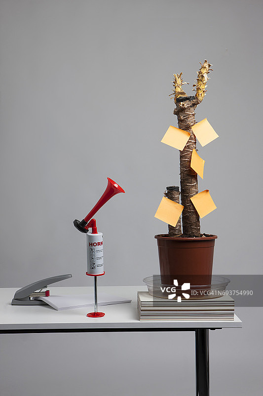 办公桌上的盆栽植物被便利贴覆盖，旁边有气喇叭图片素材