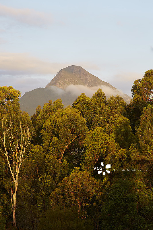 南非齐齐卡马花园大道森林和山峰的傍晚光线图片素材