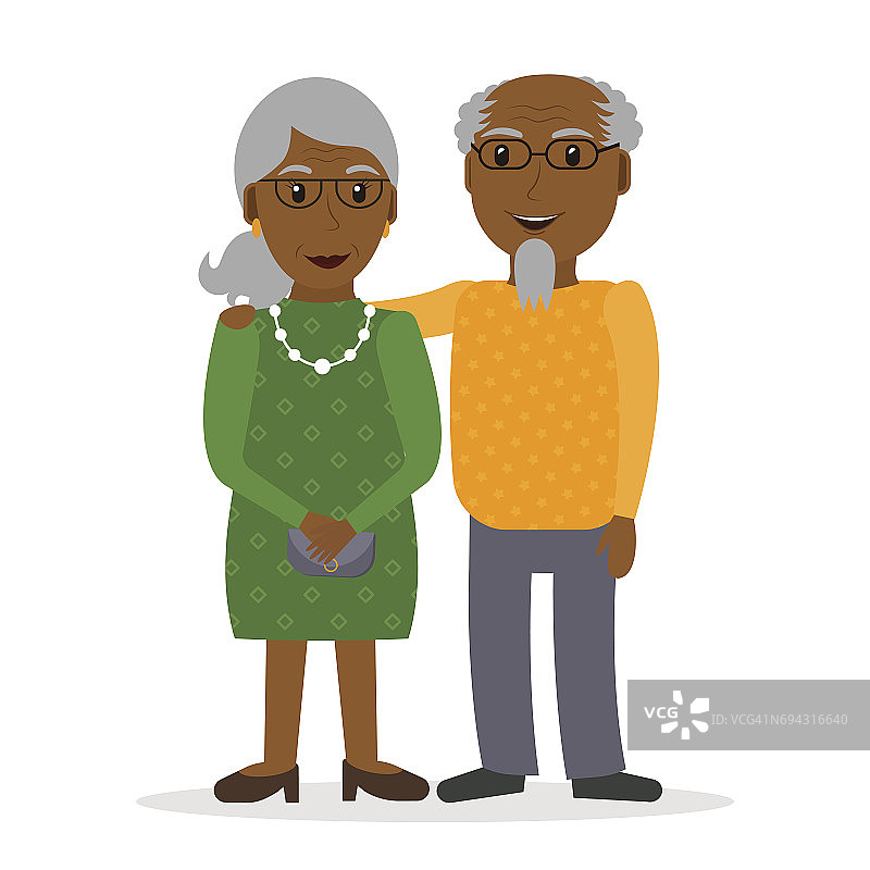 年长的黑人夫妇，祖父和祖母，戴眼镜的退休人员，老年人：男人和女人，扁平风格矢量插图图片素材