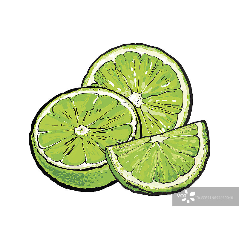 手绘的半个和四分之一个未剥皮的成熟青柠插图图片素材