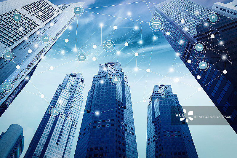 蓝色调城市连接点科技概念背景设计图片素材
