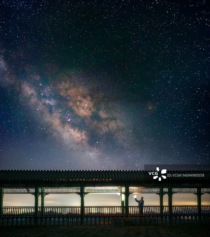 男人在银河下举着灯图片素材