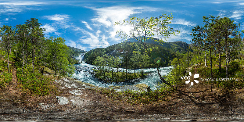 360度全景：挪威金萨维克小镇的河流与瀑布图片素材