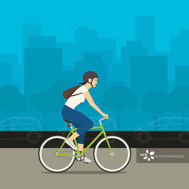 以大城市和汽车为背景骑自行车的年轻女人库存插图图片素材