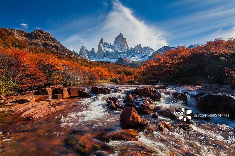 山间河流与菲茨罗伊峰，阿根廷巴塔哥尼亚图片素材