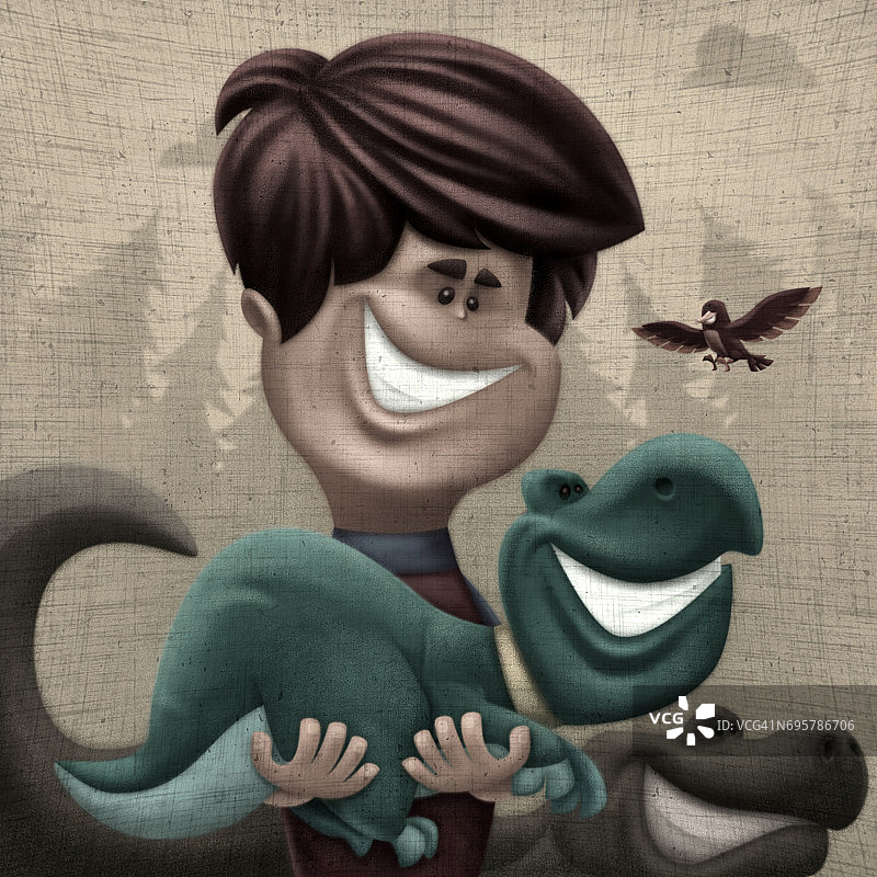 快乐的孩子拿着恐龙图片素材