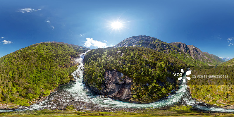 挪威金萨维克瀑布360度全景航拍图片素材