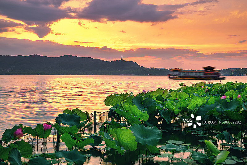 杭州西湖小船航行图片素材