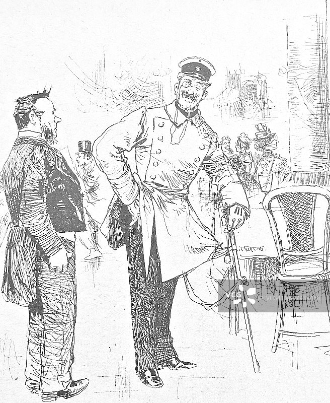 咖啡馆内，警官为服务人员挑选小费，两人站立图片素材