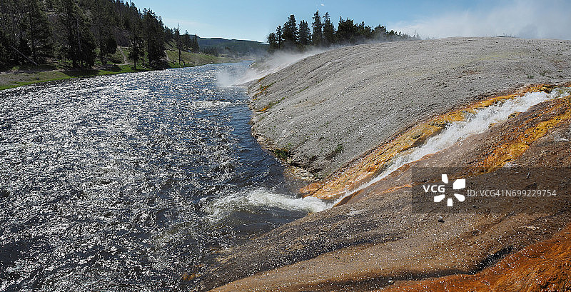 黄石国家公园中途间歇泉盆地的火坑河全景图片素材