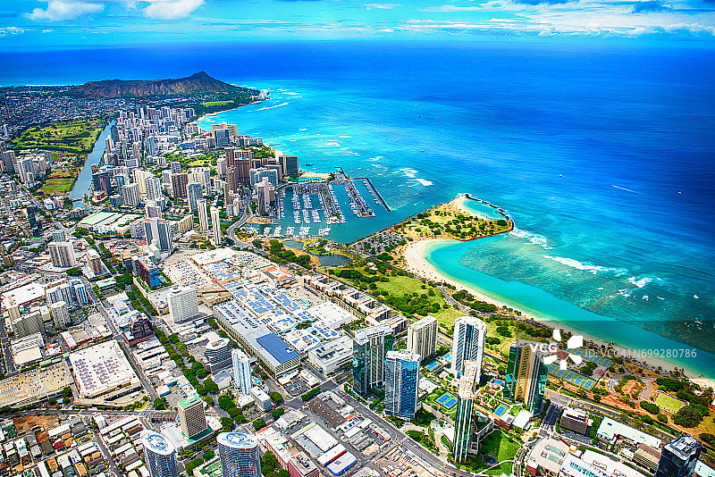 夏威夷火奴鲁鲁广角航拍图片素材