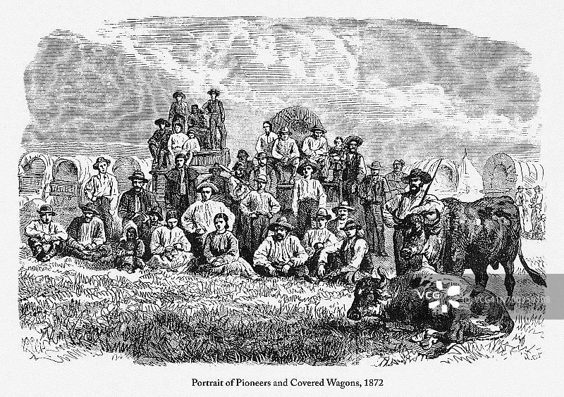 早期美国雕刻：先驱者和篷车队，1872年图片素材
