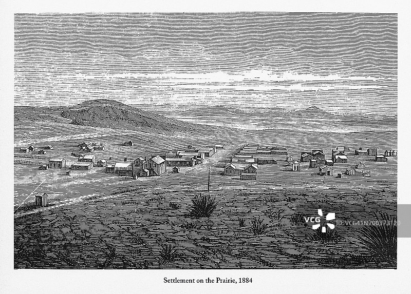 草原上的定居点，早期美国版画，1884年图片素材