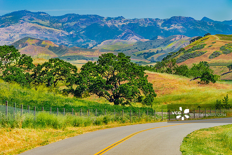 穿过圣巴巴拉加利福尼亚州圣伊内斯山谷的道路图片素材
