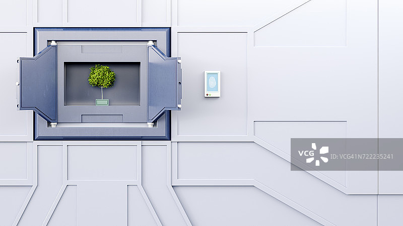 墙上有一棵树的敞开保险箱，3D渲染图片素材