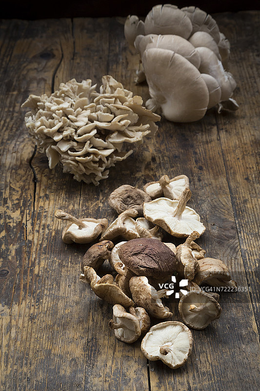 深色木头上的舞茸、香菇和牡蛎蘑菇图片素材
